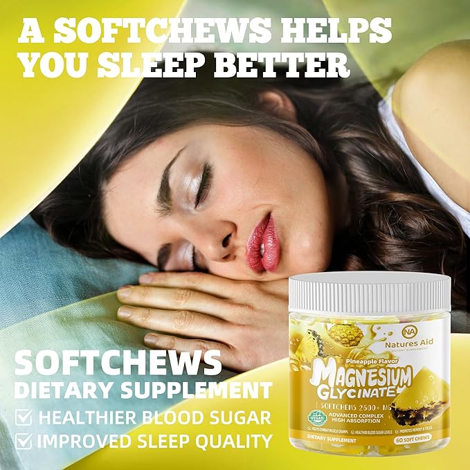 Magnesium Glycinate Soft Chews, Pineapple Flavor.Chewable Sugar Free Potassium Magnesium Chews with Magnesium Glycinate, Vitamin D, B6, and CoQ10 for Calm Support & Sleep for Adults, 60 Days Supply