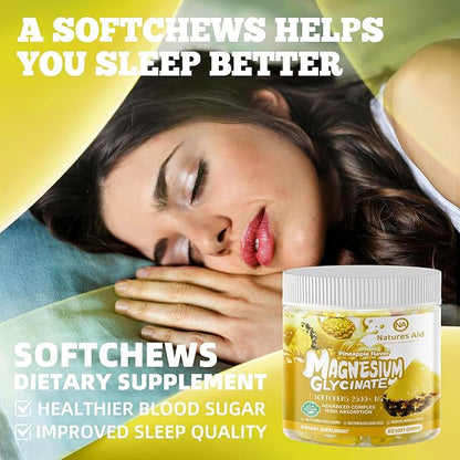 Magnesium Glycinate Soft Chews, Pineapple Flavor.Chewable Sugar Free Potassium Magnesium Chews with Magnesium Glycinate, Vitamin D, B6, and CoQ10 for Calm Support & Sleep for Adults, 60 Days Supply
