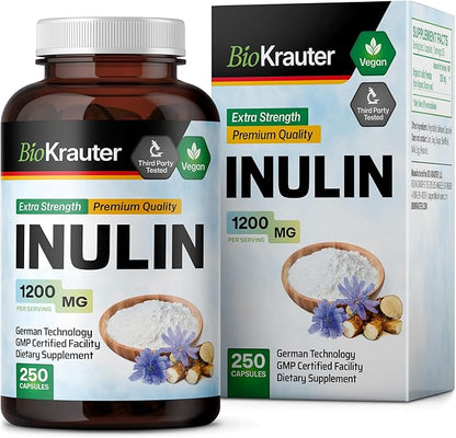 BIO KRAUTER Inulin Powder Capsules - 1200 mg Strength - 250 Count - Pure Soluble Fiber Supplements - Chicory Root Fiber Capsules for Digestive Support - Vegan