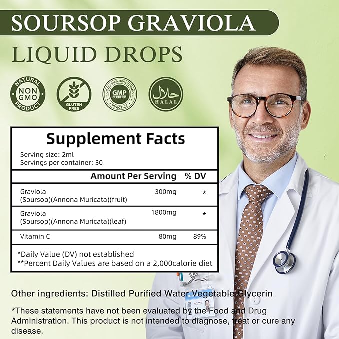 Graviola Soursop Leaf Extract Liquid - Soursop Bitters Liquid, Immune Boost, Relax, Liver and Sleep, Vegan, Sugar & Gluten Free, 98% Absorption Rate, Natural Flavor, 2 Month Supply 60ML
