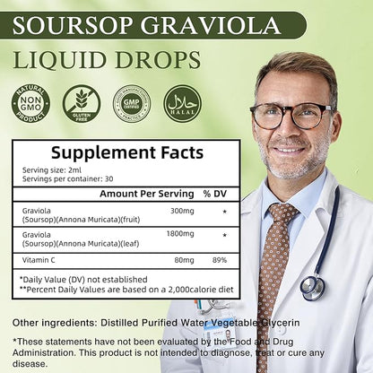 Graviola Soursop Leaf Extract Liquid - Soursop Bitters Liquid, Immune Boost, Relax, Liver and Sleep, Vegan, Sugar & Gluten Free, 98% Absorption Rate, Natural Flavor, 2 Month Supply 60ML