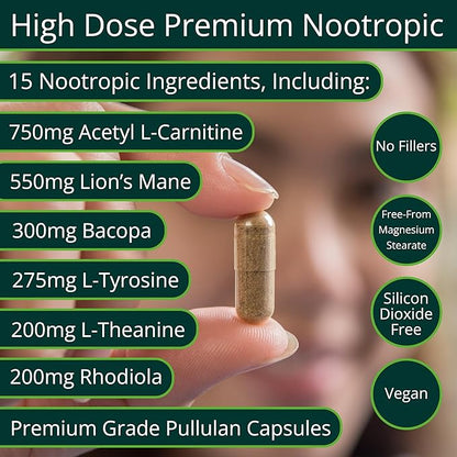 Brain Supplement (120 Capsules) | Memory, Mental Clarity, Focus, Cognitive Performance | Nootropic Supplement with L-Theanine, Acetyl L-Carnitine, Phosphatidylserine, Lion's Mane & More