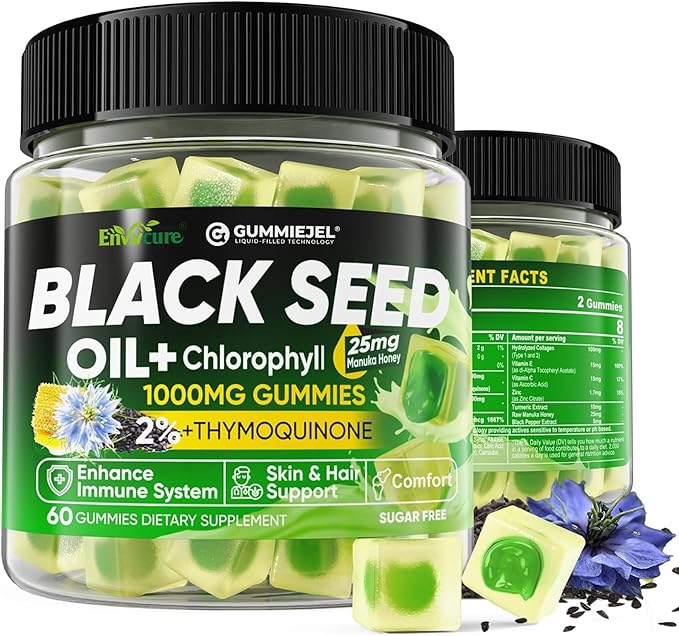 Black Seed Oil Gummies & Chlorophyll, Biotin 500mcg with Hydrolyzed Collagen, Raw Manuka Honey, Organic Cold Pressed - Ultimate Absorption for Skin, Hair & Nails, Digestive, Overall Health, Sugar Free