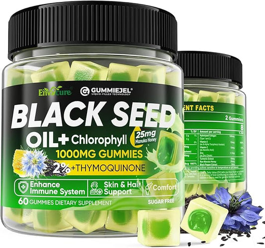Black Seed Oil Gummies & Chlorophyll, Biotin 500mcg with Hydrolyzed Collagen, Raw Manuka Honey, Organic Cold Pressed - Ultimate Absorption for Skin, Hair & Nails, Digestive, Overall Health, Sugar Free
