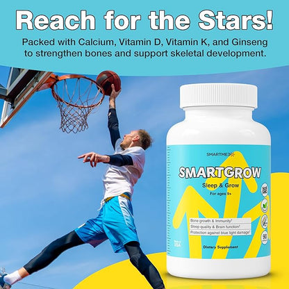 SMARTGROW 5-in-1 Premium Height Growth - Calcium, Vitamin D3, L-arginine - Sleep Aid for Maximum Growth, Immunity Support, Brain Health, Bone Strength, Eye Health (90 Count (Pack of 2))