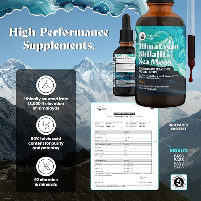 Pure Himalayan Shilajit & Irish Sea Moss Liquid Drops, 85+ Trace Minerals, 60% Fulvic Acid in Great Tasting Mocha Flavor. High Grade Healing Boosts Vitality, Productivity & Collagen