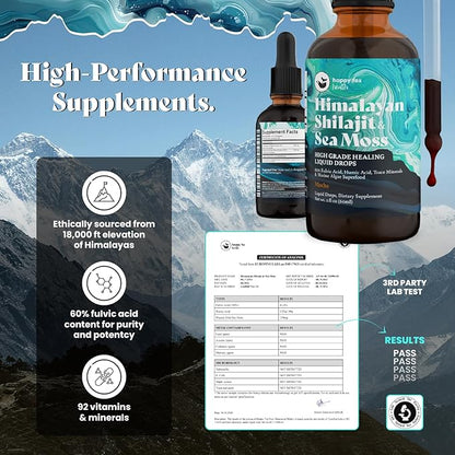 Pure Himalayan Shilajit & Irish Sea Moss Liquid Drops, 85+ Trace Minerals, 60% Fulvic Acid in Great Tasting Mocha Flavor. High Grade Healing Boosts Vitality, Productivity & Collagen