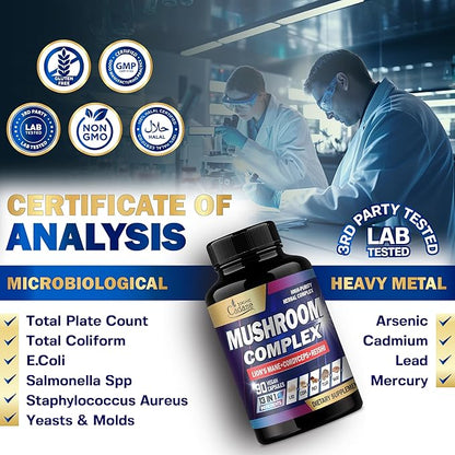 Organic Cadane Mushroom Complex Supplements - Brain Health, Immune System, Memory & Energy Production - 13in1 with Lions Mane Mushroom, Bacopa, Reishi & More - 90 Vegan Capsules