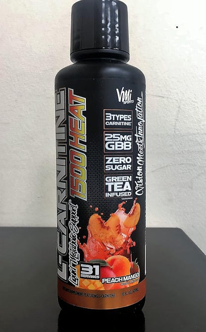 VMI Sports L-Carnitine 1500 Heat Stimulant Free Thermogenic Metabolic Support & Fat Loss for Men & Women | 1500mg L-Carnitine | Convenient Liquid (Peach Mango)