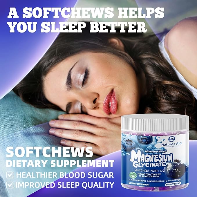 Magnesium Glycinate Soft Chews, Blueberry Flavor.Chewable Sugar Free Potassium Magnesium Chews with Magnesium Glycinate, Vitamin D, B6, and CoQ10 for Calm Support & Sleep for Adults, 60 Days Supply