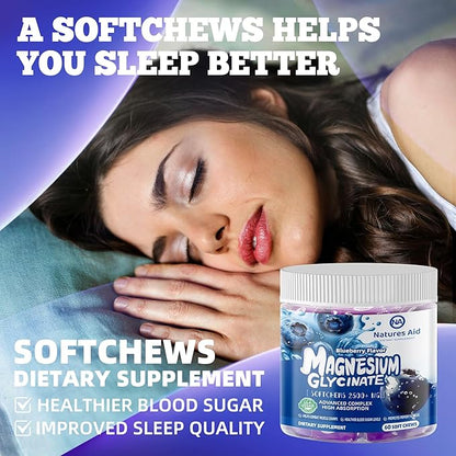 Magnesium Glycinate Soft Chews, Blueberry Flavor.Chewable Sugar Free Potassium Magnesium Chews with Magnesium Glycinate, Vitamin D, B6, and CoQ10 for Calm Support & Sleep for Adults, 60 Days Supply