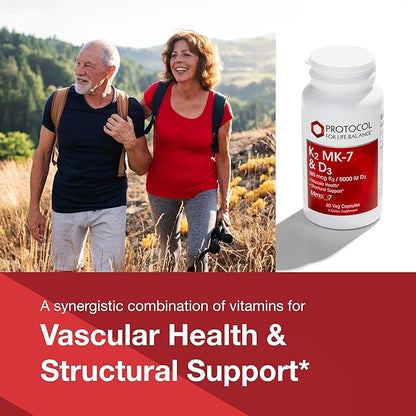 PROTOCOL FOR LIFE BALANCE - K2 MK-7 and D3 - Vascular Health and Structural Support, Bone Strength, Appetite Suppressant, Natural Weight Loss, Supports Calcium Absorption - 60 Veg Capsules