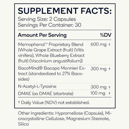 Focus - Premium Cognitive Enhancement Supplement with Natural Nootropics - Memophenol, Bacopa, & DMAE - 60 Veggie Capsules (Focus)