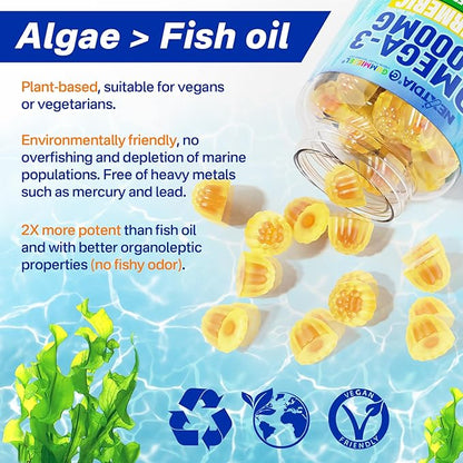 Vegan Omega-3 Gummies 1000mg + Turmeric - Omega 3 Fish Oil Alternative for Adults - Algae DHA 600mg & EPA 300mg, Vitamins A, C, E, Zinc & MSM, Sugar Free, 60 Cts