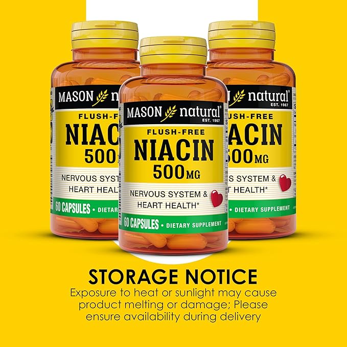 MASON NATURAL Niacin 500 mg Flush-Free, Supports Heart Health, Nervous System & Energy Production, 60 Capsules, Pack of 3