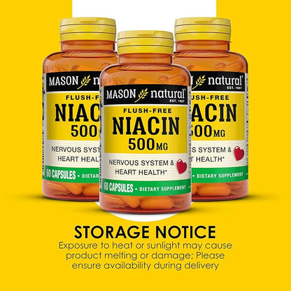 MASON NATURAL Niacin 500 mg Flush-Free, Supports Heart Health, Nervous System & Energy Production, 60 Capsules, Pack of 3