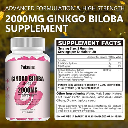 1 Pack 2000mg Ginkgo Biloba Gummies - Ginkgo Biloba Supplements for Brain Health Support, Improve Mood and Focus, Energy, Adult, Vegen, Non-GMO, Strawberry Flavor, 60 Count