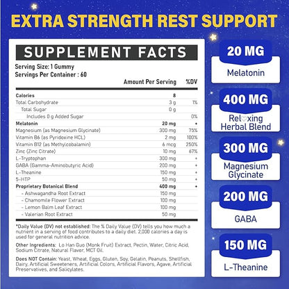 Melatonin 20mg Gummies for Adults - Max Strength Melatonin Gummy Supplement with Magnesium Glycinate, B6, B12, L-Theanine, GABA, 5-HTP & Herbs - Non-Habit Forming, Vegan, Natural Mixed Berry Flavor