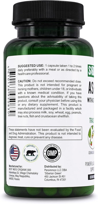 Organic Ashwagandha Root with Astragalus & Siberian Eleuthero Ginseng Complex 60 Capsules Powerful Herbal Support