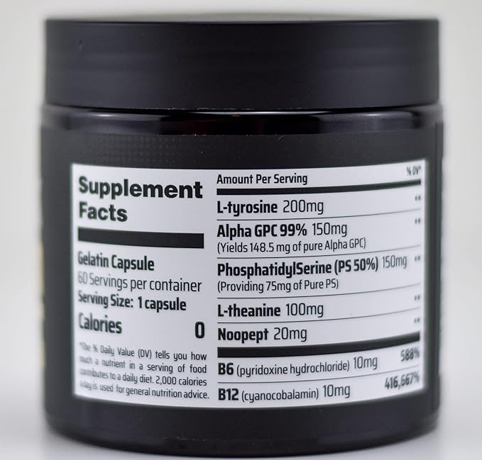 Nootropic Brain Booster Supplement with Noopept, Alpha GPC, l-theanine, l-tyrosine, and PhosphatidylSerine - Improve Focus, Memory, and Mental Clarity for Daily Use. 60 Capsules