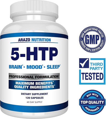 5-HTP 200 MG Plus Calcium for Mood, Sleep – Supports Calm and Relaxed Mood – 99% High Purity – 120 Capsules – Arazo Nutrition