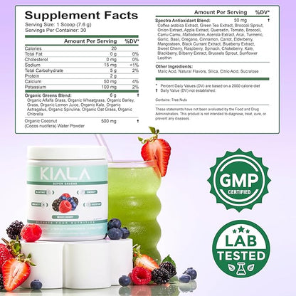 Kiala Nutrition Super Greens, Organic Greens Powder with Spirulina & Chlorella for Digestion, Gut Health, Immunity & Energy, Gluten Free, Vegan, Mixed Berry + Miami Vice, 30 Servings