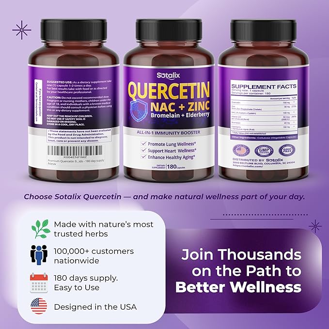 Premium Quercetin 98% High Purity with Bromelain, Zinc, Vitamin D3 2000 IU, Elderberry - Cardiovascular Respiration Immune Support for Adult Kids - 180 Day Supply