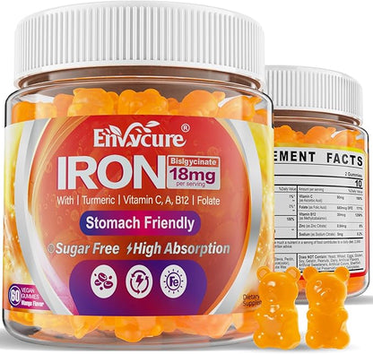 Sugar Free Iron Gummies 18mg for Women Men, Iron Bisglycinate Supplement Gummies with Vitamin C, Turmeric & Folate - Blood Builder for Iron Deficiency, Anemia & Energy, Non-Constipating (2 PACK)