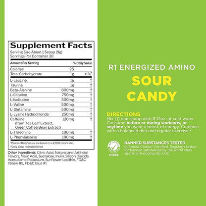 Rule 1 Energized Amino – Anytime Energy and Recovery Support with BCAAs, Glutamine, Citrulline, Beta Alanine, and Caffeine from Green Coffee & Tea Leaf Extracts (30 Servings, Sour Candy)