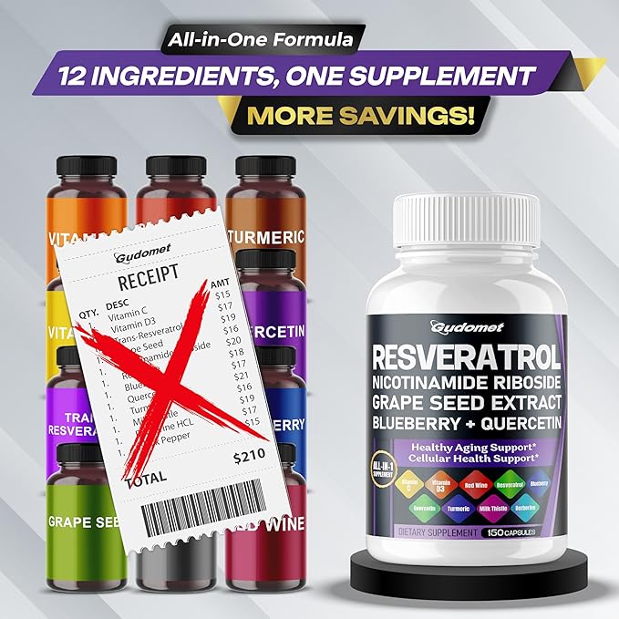 Trans-Resveratrol Grape Seed Nicotinamide Riboside Blueberry Quercetin Turmeric Milk Thistle Berberine - Healthy Aging - 150 Capsules- Made in USA