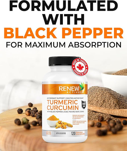 Renew Actives Turmeric Curcumin with Black Pepper – 600MG Turmeric Root, 100MG Curcuminoids per 2 Capsules – Supports Digestion, Liver Health, Joint Relief & Mobility – Made in Canada – 120 Capsules