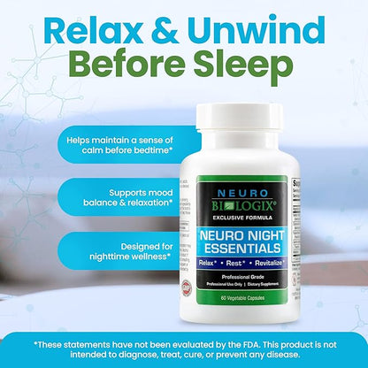Neuro Night Essentials – Natural Nighttime Support with GABA, Melatonin, Valerian Root, LTheanine, Magnesium & More – Promotes Relaxation, Mood Balance & Rest – 60 Veg Capsules – Made in The USA