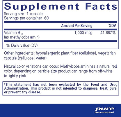 Pure Encapsulations Methylcobalamin 1,000 mcg - Vitamin B12 Supplement to Support Memory & Nerve Health - Premium Vitamin B12 Capsules - 60 Capsules
