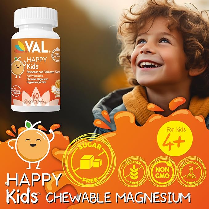 VAL Magnesium for Kids | High-Absorption Magnesium for Calm, Relaxation & Focus | Mg Glycinate, Citrate & Taurate | with Vitamin B6, D & C | Sugar-Free, Non-GMO | 60 Chewable Tablets