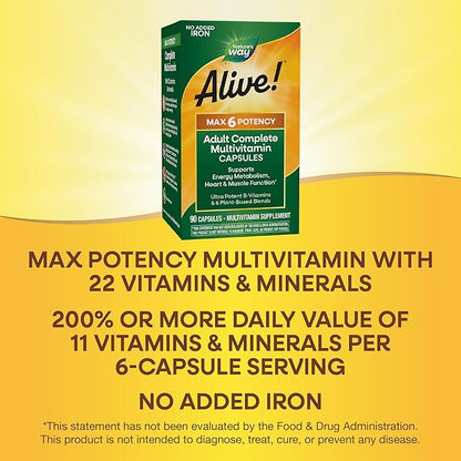 Nature's Way Alive! Max6 Potency Adult Complete Multivitamin, Vitamins A,C, E & B-Vitamins Including Methyl B12 & Folate, Supports Energy Metabolism*, No Added Iron, 90 Capsules (Packaging May Vary)