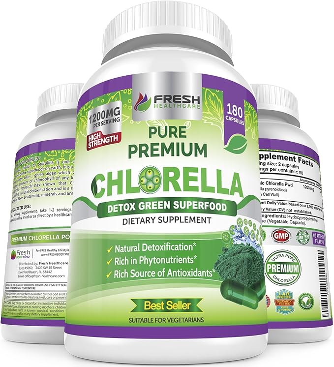 FRESH HEALTHCARE Premium Chlorella Supplement, 1200mg Pure Vegan Powder Capsules, 180 Chlorophyll and CFG Pills, Natural Detox Superfood, Naturally Contains B Vitamins and Minerals