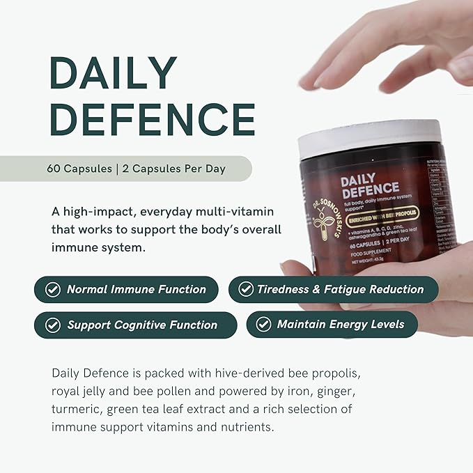 Dr Sosnowski's Daily Defence Immunity Supplements | Hive-led Multi-Vitamin with Bee Propolis, Pollen & Royal Jelly, Vegetable Capsules, 60ct