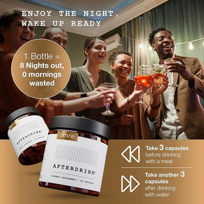 omre AfterDrink Restore Pills with Milk Thistle, DHM, Vitamin B, Ginger & Herbal Extracts - Pre & Post Drinking Supplement with Liver Support for Better Mornings - Made in USA (48 Caps)