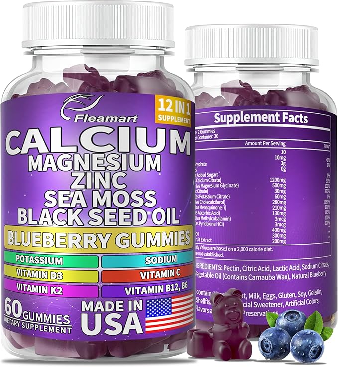 Calcium Magnesium Zinc Supplement Gummies Sugar Free for Women and Men Calcium Gummies Supplement Bone & Immune Support Made in USA 60 Counts Blueberry Flavor