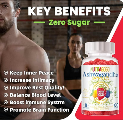 Ashwagandha Gummies & Vitamin D3 Gummy 120 Count - Organic Aswangdha Supplement for Improve Sleep, Stress Relief & Mood Calm(Mixed Berry,Vegan,Plant Based,Gluten-Free & Gelatin Free) Pack of 2