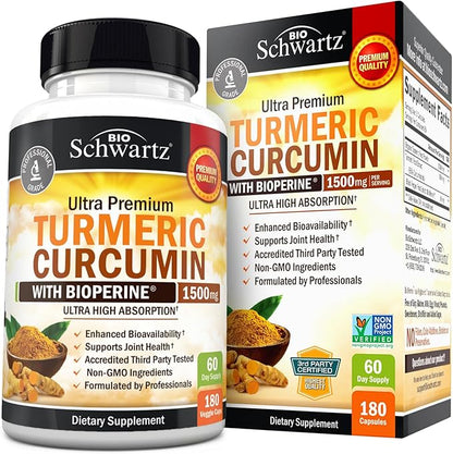 Turmeric Curcumin with Black Pepper Extract 1500mg - High Absorption Ultra Potent Turmeric Supplement with 95% Curcuminoids and BioPerine - Non GMO Tumeric Capsules for Joint Support - 180 Capsules
