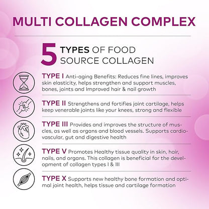 5 Type Multi Collagen Complex - Pure Hydrolyzed Collagen Protein Peptides Types I-II-III-V-X Anti-Aging Collagen Supplements for Skin, Hair Growth, Nails, Joints, for Women and Men - 90 Capsules
