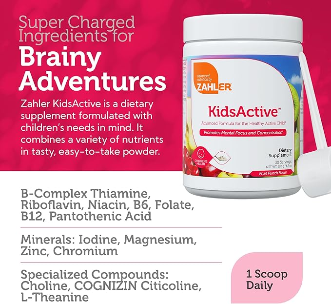 Zahler KidsActive, Kids Concentration Formula Powder, All Natural Children’s Supplement Supporting Focus, Certified Kosher, 29 Servings Fruit Punch Flavored Powder