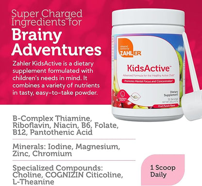 Zahler KidsActive, Kids Concentration Formula Powder, All Natural Children’s Supplement Supporting Focus, Certified Kosher, 29 Servings Fruit Punch Flavored Powder