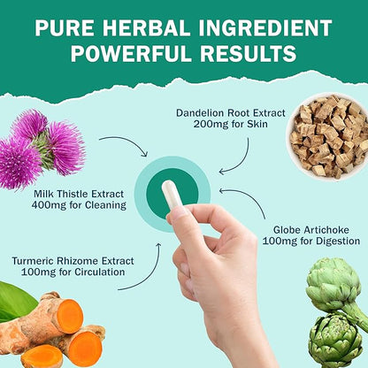 Milk Thistle 200mg Liver Detox Supplement with Dandelion Root & Artichoke Extract | 60 Capsules | Silymarin Antioxidant Support,Liver Cleanse & Herbal Health Supplement