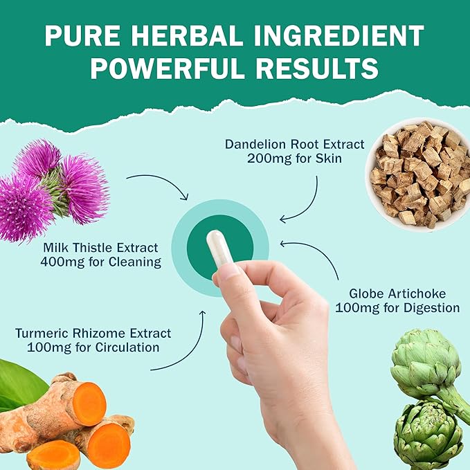 Milk Thistle 200mg Liver Detox Supplement with Dandelion Root & Artichoke Extract | 60 Capsules | Silymarin Antioxidant Support,Liver Cleanse & Herbal Health Supplement