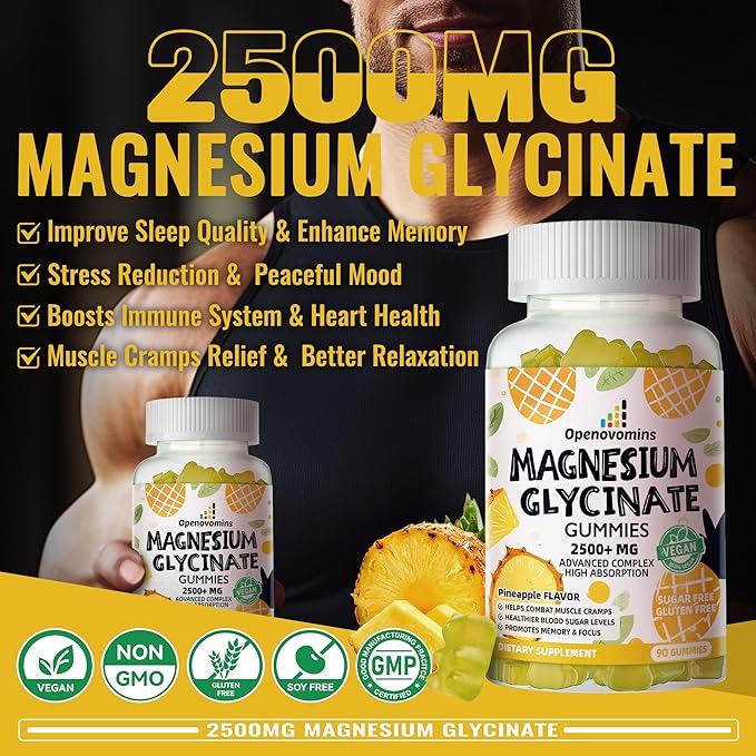 Magnesium Glycinate Gummies 2500mg - Sugar Free Magnesium Potassium Supplement with Vitamin D, B6, CoQ10 for Calm Mood & Sleep Support - 90 Pineapple Gummies