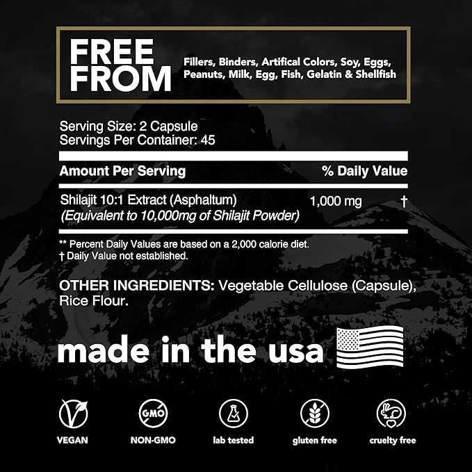Highest Grade Shilajit with 85+ Trace Minerals (90 Vegan Capsules, 1000mg 10:1 Gold Standard Extract per Serving) with Fulvic Acid for Powerful Energy and Immune Support.