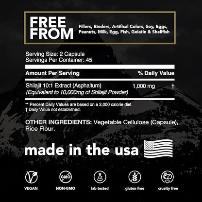 Highest Grade Shilajit with 85+ Trace Minerals (90 Vegan Capsules, 1000mg 10:1 Gold Standard Extract per Serving) with Fulvic Acid for Powerful Energy and Immune Support.