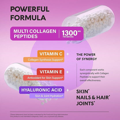 Multi Collagen Peptides - Hydrolyzed Types I, II, III, V & X - Collagen Supplement for Women 1300mg - w/ Hyaluronic Acid, Vitamins C & E - Skin, Hair, Nails & Joint Support - Made in USA, 120 Capsules